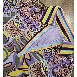 VTG Girdear Steyr Style Psychedelic Print Top XS/S Purple Yellow Brown V-Neck